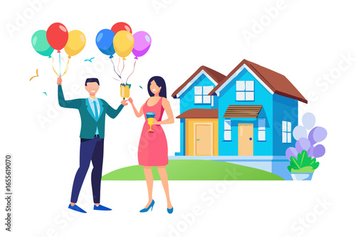 Couple celebrating with champagne and balloons in front of their new blue house