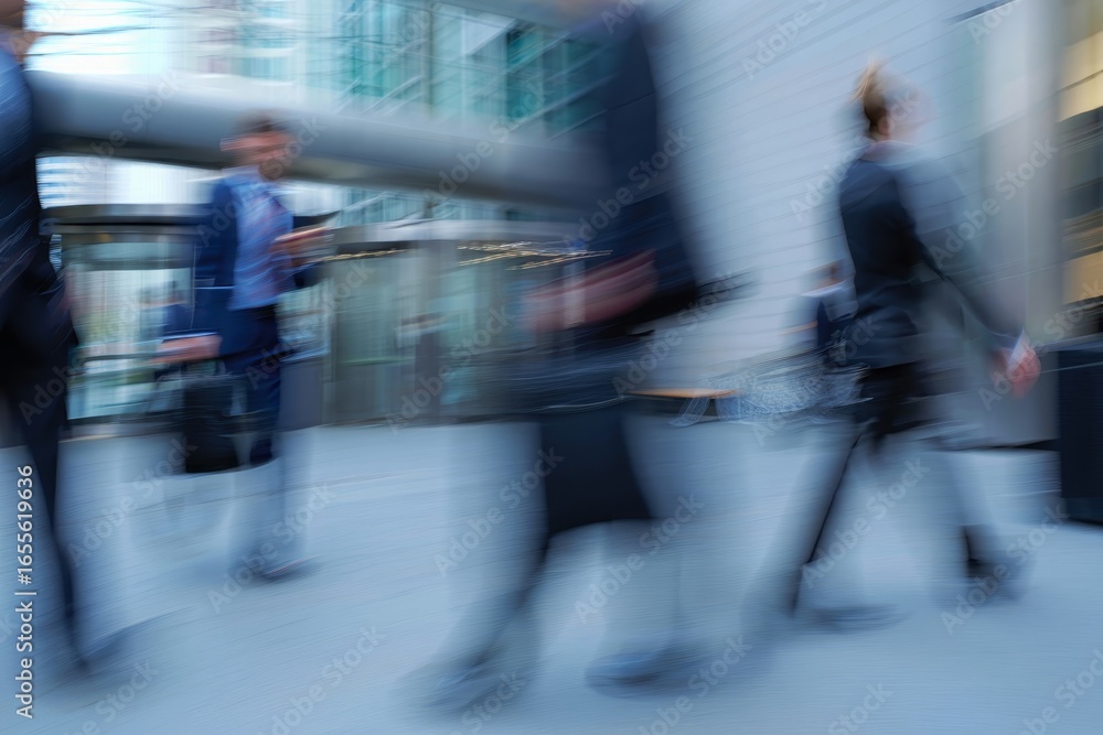 Obraz premium Blurred motion of business people walking near a modern building during the day time hours