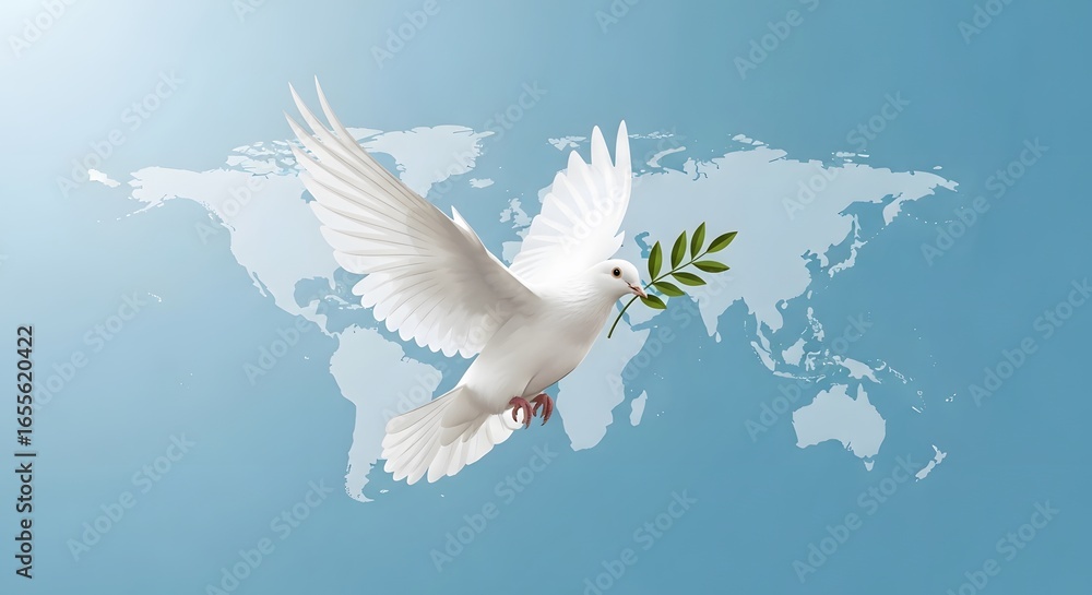 Fototapeta premium White dove carrying olive branch, flying over a world map, illustrated graphic, peaceful serene palette, digital art