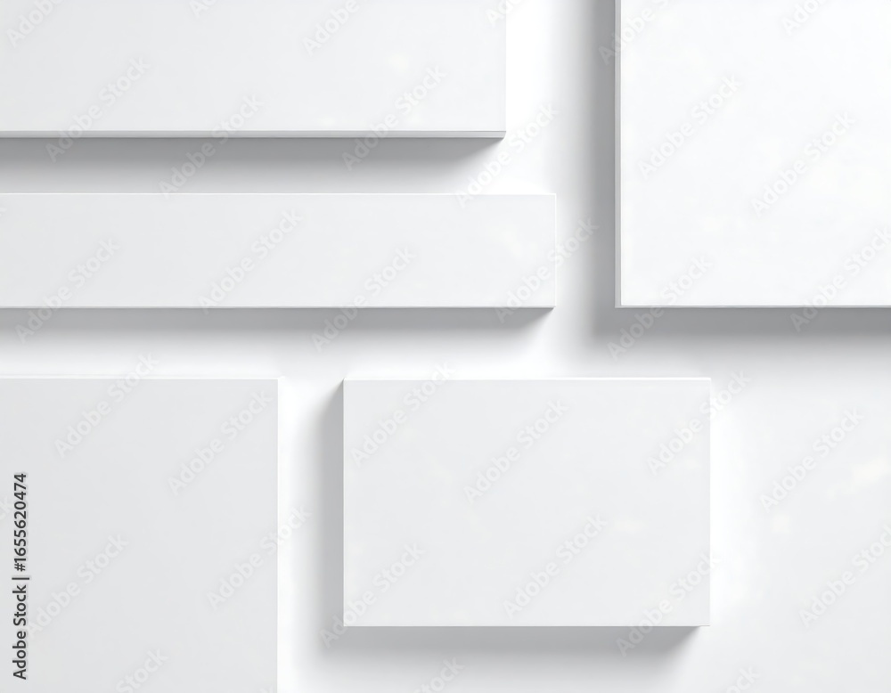 Fototapeta premium White rectangular shapes, various sizes, arranged on a white background, casting subtle shadows