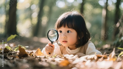 Child exploring forest floor with a magnifying glass, surrounded by fallen leaves