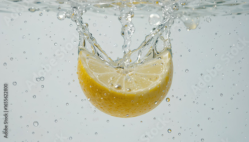 Slow motion of a crystal-clear glass lemon dropping into water, creating ripples and bubbles in a white background