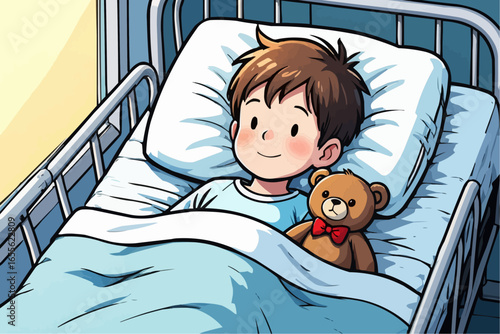 Vector Illustration of Young Boy Resting in Hospital Bed with Teddy Bear