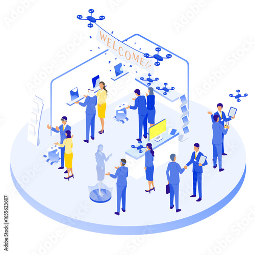 未来型テクノロジー展示会 アイソメトリックイラスト