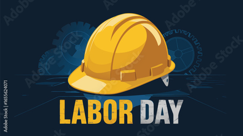 Yellow Hard Hat with Gears and Labor Day Text on Blue Background Illustration