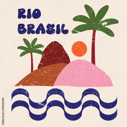 Modern abstract landscape of Rio de Janeiro. Features iconic mountains, sun, palm trees, and the ocean with wavy lines. A contemporary travel design.