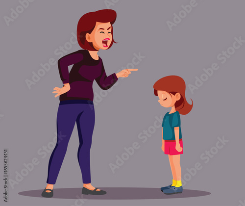 Angry Mom Scolding her Regretful Daughter Vector Illustration. Authoritarian parent reprimanding and punishing her child 
