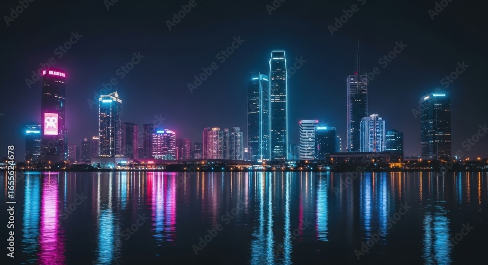 Fototapeta premium Night City Skyline with Illuminated Modern Skyscrapers and Reflections on Water