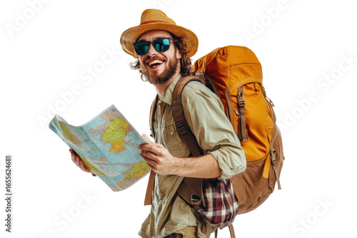 Smiling male traveler reading map outdoors
