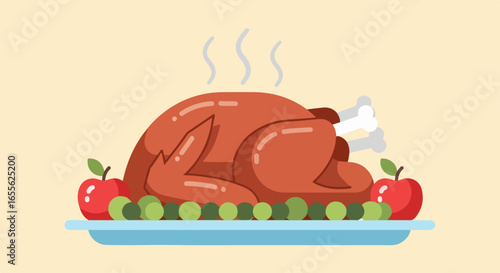 Roasted Turkey with Apples and Brussels Sprouts on Platter.