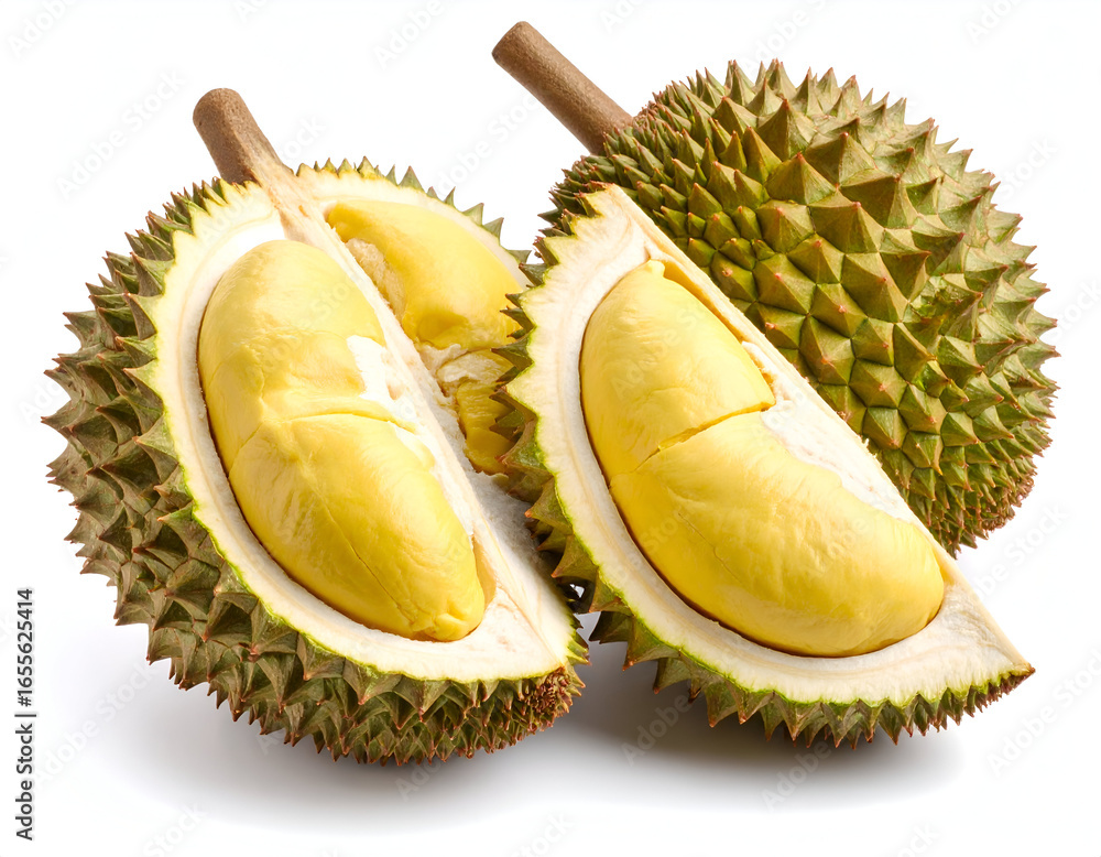 Fototapeta premium Durian Fruit Creamy Yellow Flesh, Large Seeds, Isolated on White