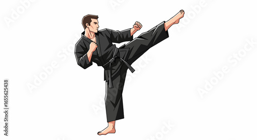 Athletic Man in Black Gi Executes Powerful Side Kick with Focused Expression.