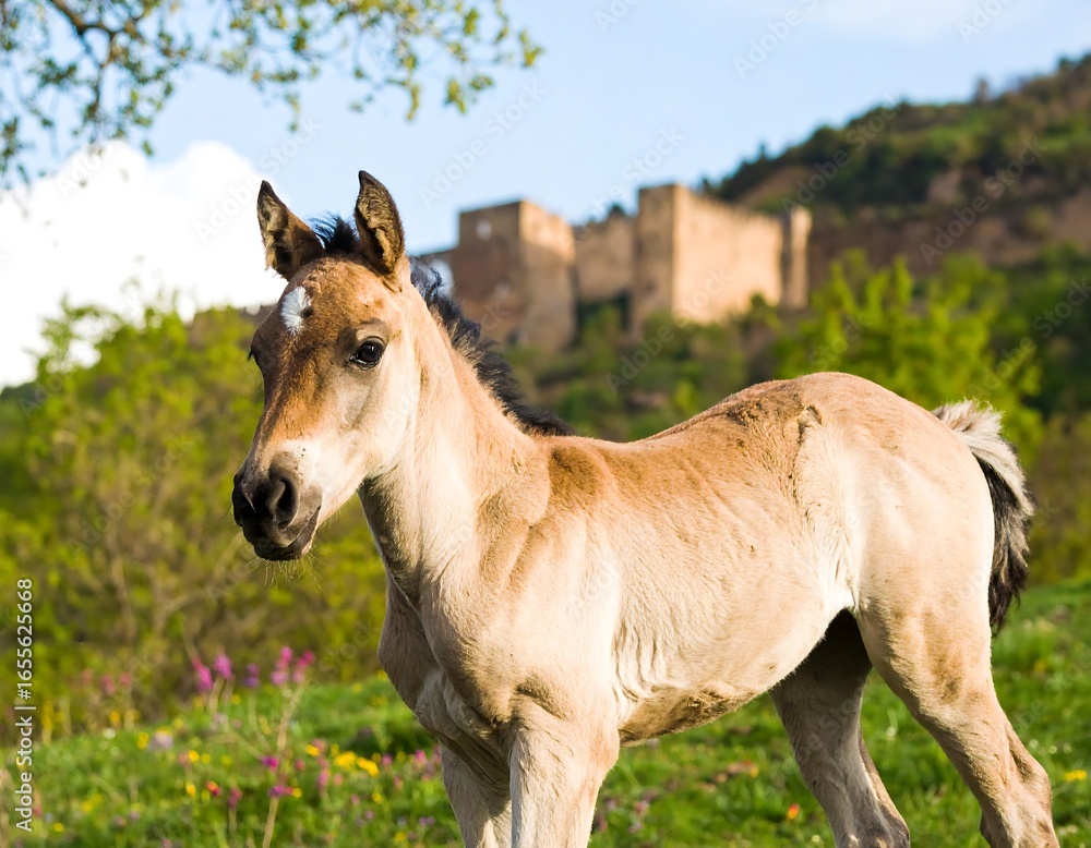 Fototapeta premium Foal in a meadow, castle in the background