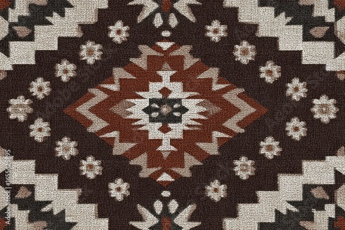 A patterned rug featuring a diamond center motif geometric borders and floral designs