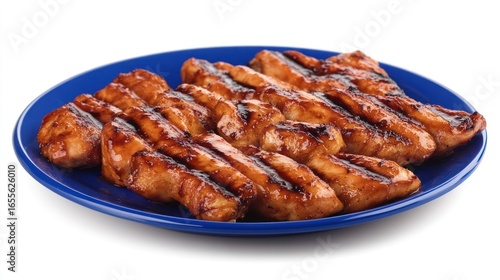 Grilled chicken strips, BBQ sauce, blue plate, white background, food photography