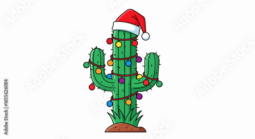 A festive cartoon saguaro cactus decorated for Christmas with a Santa hat and colorful string lights.