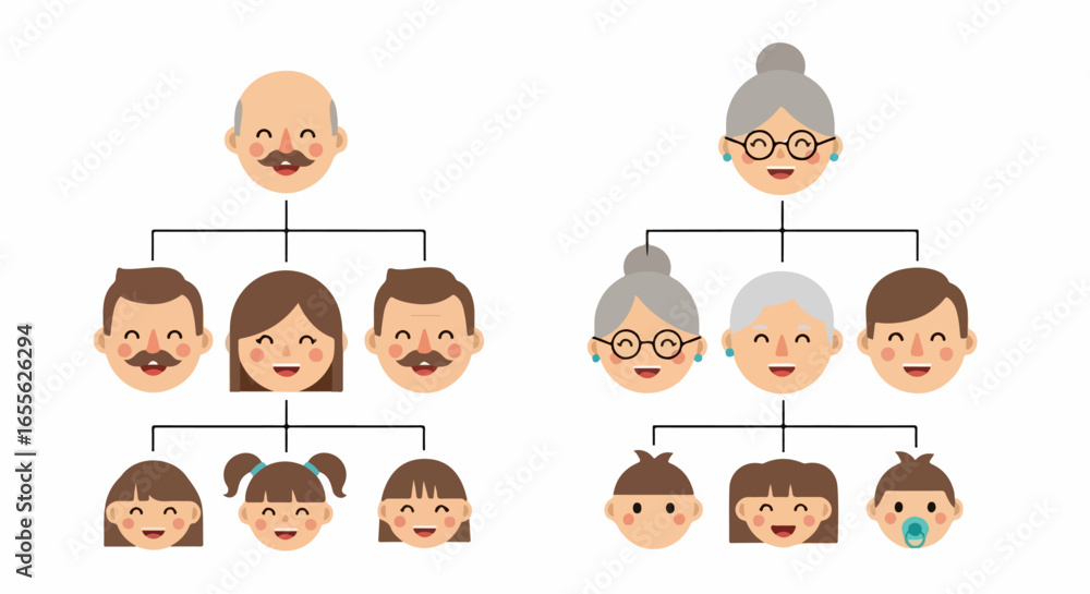 Diverse Family Tree Illustrations Depicting Generations of People. Diverse Family Tree Illustrations Depicting Generations of People.