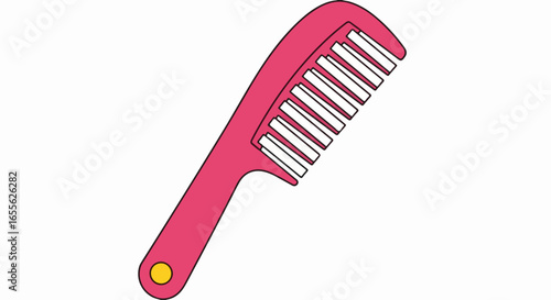 Curved pink plastic hair comb with wide teeth, a handle, and a yellow dot detail.