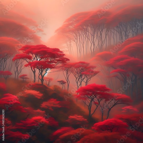 Crimson maple forest on an island ridge 