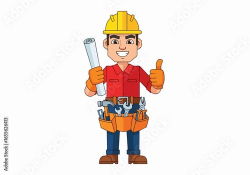 Happy cartoon construction worker with hard hat, blueprint, and thumbs up.