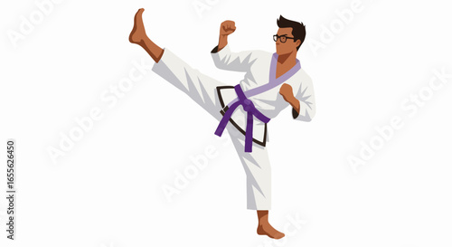 Young Man in White Karate Gi Performing a High Side Kick with Purple Belt.