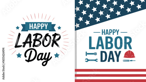 Illustrated Happy Labor Day Greetings with Patriotic American Flags, Stars, and Construction Tools