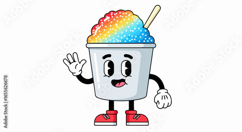 Cartoon Snow Cone Character Waving Hello with Rainbow Shaved Ice.