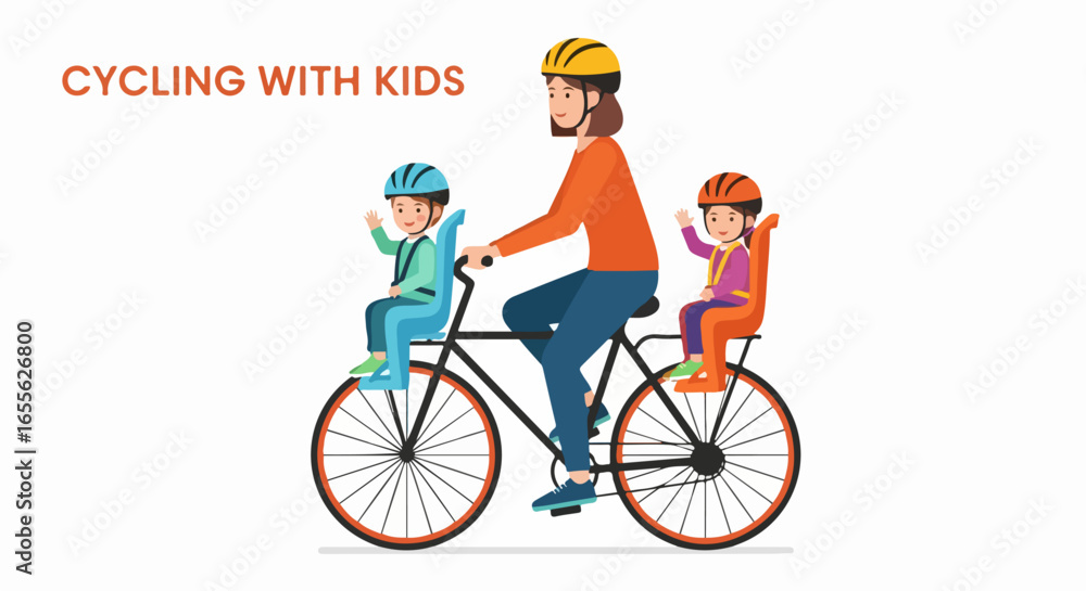 Fototapeta premium Father cycling with two children in child seats on a bicycle.