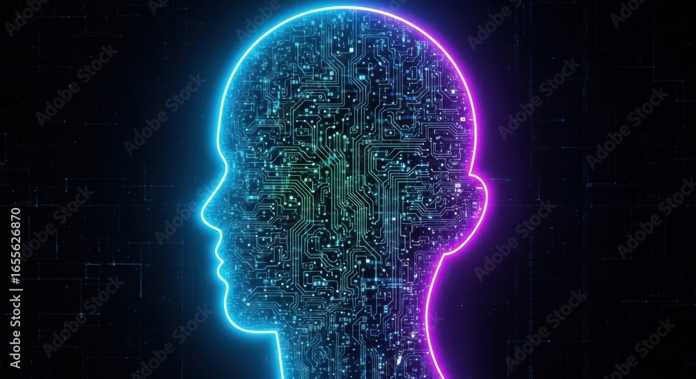 Obraz premium Neon Human Head Filled with Data Digital Mind Concept