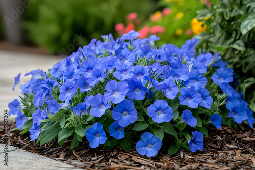 Close-up of Blue Daze flowers also known as Brazilian dwarf morning-glory (Evolvulus glomeratus), vibrant blue groundcover plant growing in Florida garden landscape.
