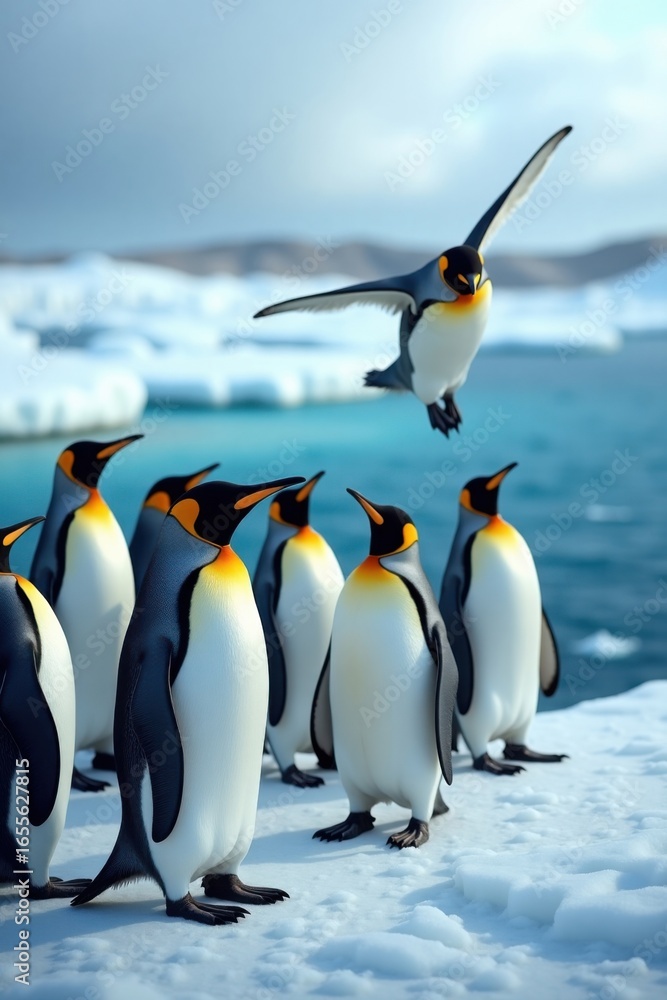 Fototapeta premium King Penguins Gathered on an Icy Shoreline Witnessing a Flight