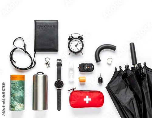 Travel essentials laid out on white