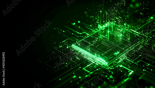 Futuristic technology concept with a glowing green CPU and digital data streams on a circuit board. Abstract background of a powerful computer processor.