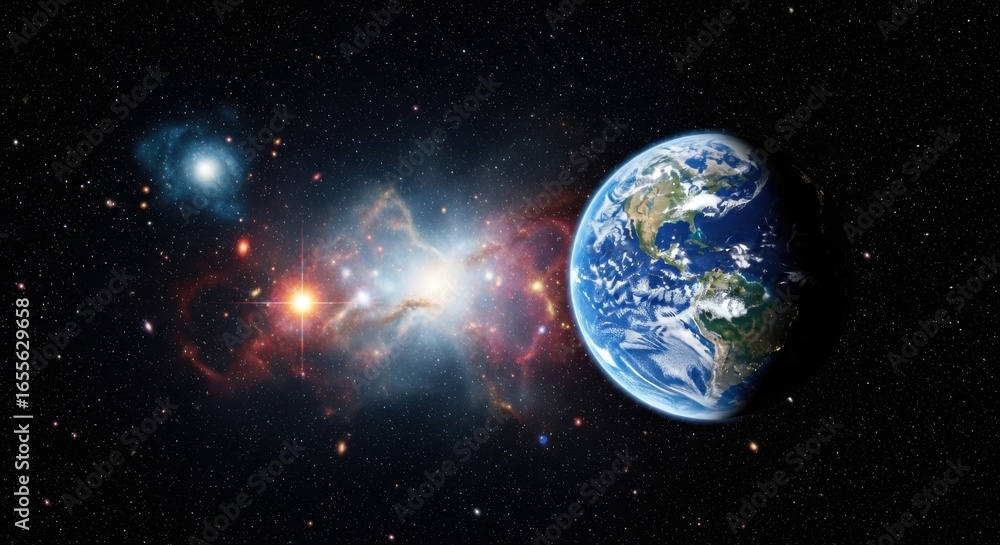 Fototapeta premium Earth in Space with Stars and Cosmic Nebula in Background