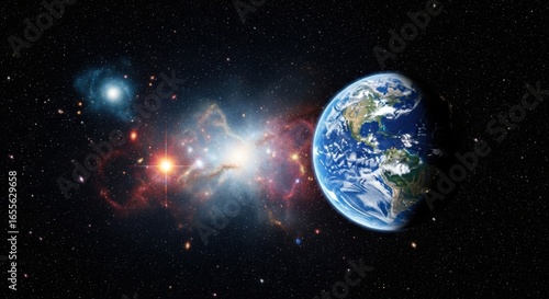 Earth in Space with Stars and Cosmic Nebula in Background