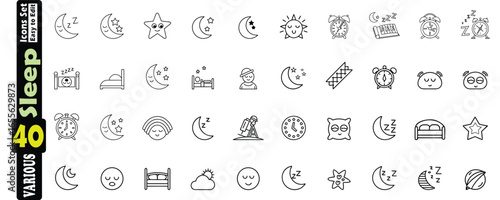 A Collection of 40 Simple Line Icons Related to Sleep and Nighttime Activities vector illustration