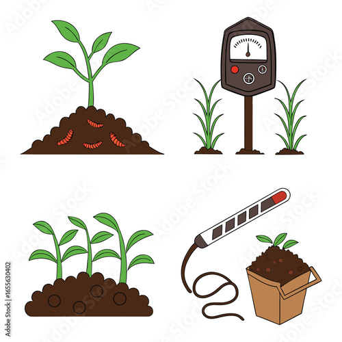 Cartoon illustrations of plant growth and soil testing equipment seedling earth