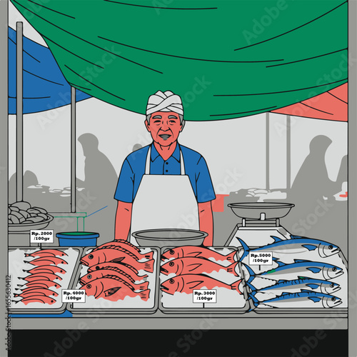 Fresh Seafood Vendor at a Bustling Market Offering a Variety of Delicious Fish for Sale