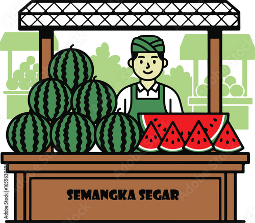 Smiling male vendor stands behind a wooden stall piled high with fresh, ripe watermelons and pre-cut slices, ready to sell delicious and healthy summer fruit at a local market.