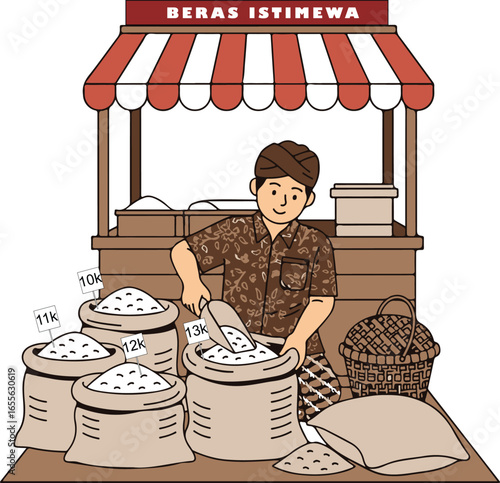 A cheerful local vendor expertly scoops premium rice at a traditional outdoor market stall, capturing the essence of authentic Asian trade and daily market life with fresh grains.