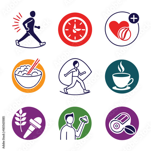 Colorful Circular Icons Representing Health and Wellness Activities collection
