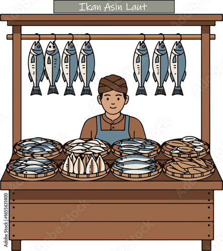 Indonesian Fisherman Selling Dried Fish at Market Stall
