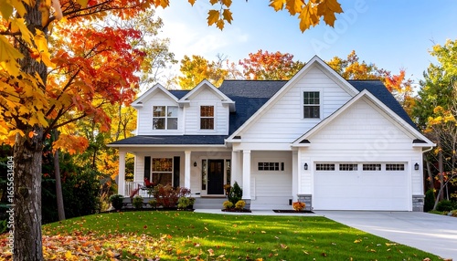 Two-story white house, fall foliage