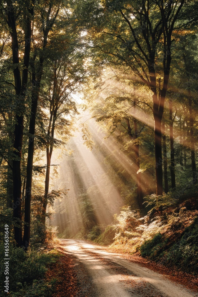 Fototapeta premium Sunbeams piercing a forest path