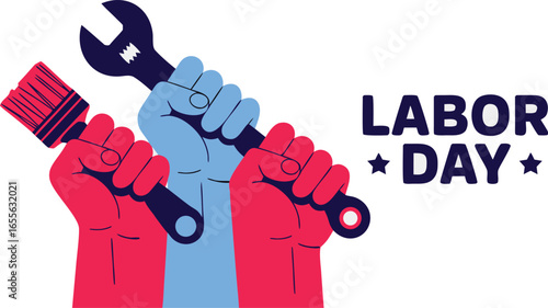 Labor Day Celebration Hands Holding Wrench and Paintbrush Symbolizing Workers and Industries