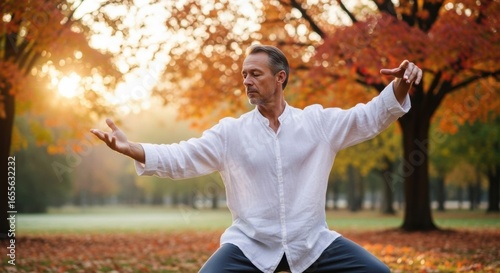 Mature Caucasian man practicing Tai Chi or Qigong in a beautiful autumn park. Martial arts for mindfulness, balance, and wellness.