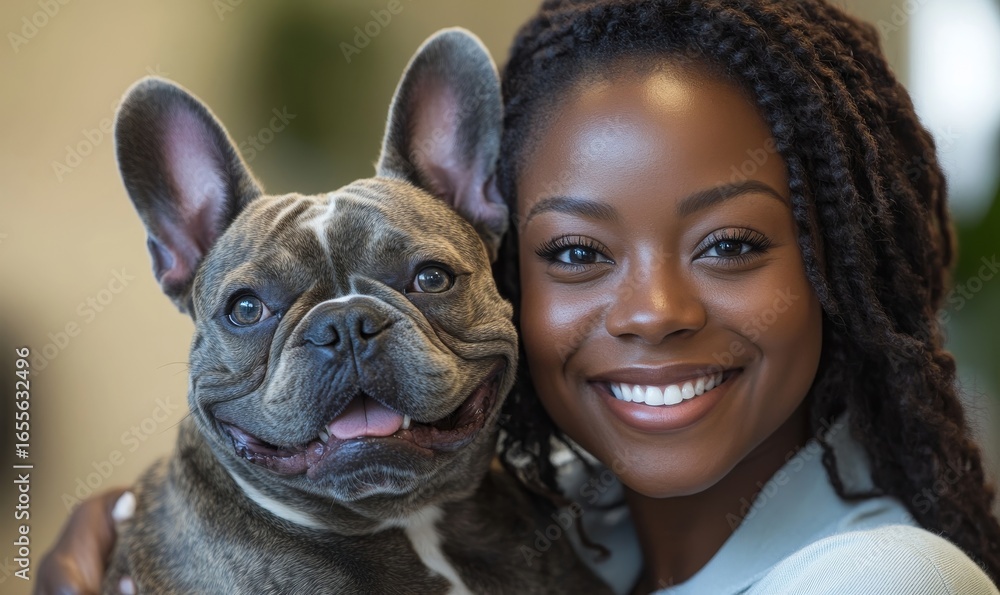 Fototapeta premium Happy African American woman cuddling a French Bulldog in the workplace. Smiling black female businesswoman holding her office dog, enhancing workplace culture and team morale, Generative AI