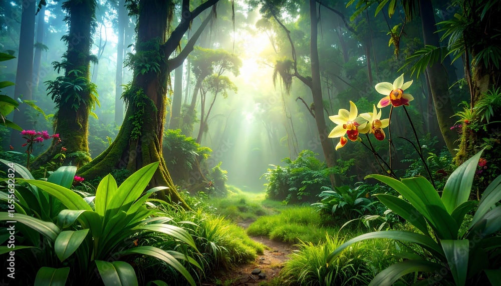 Fototapeta premium Lush rainforest scene bathed in sunlight with vibrant flora and captivating ambiance