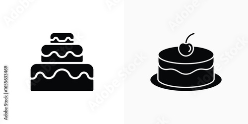 Cake Vector, Three Tiered Black Silhouette, Single Tier with Cherry, Transparent