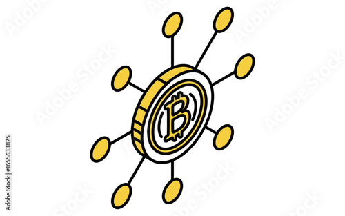 Fintech icon of blockchain with bitcoin symbol, cryptocurrency and digital finance vector illustration